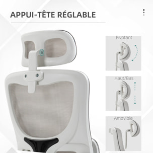 Fauteuil de bureau ergonomique réglable - fonction bascule, support lombaires, tétière ajustable - blanc gris