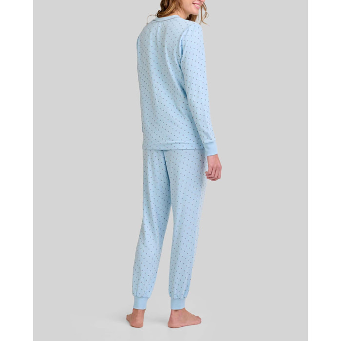 Pijama mujer suave y cálido tejido vigoré estampado, escote en pico y puños elásticos, manga larga y pantalón largo