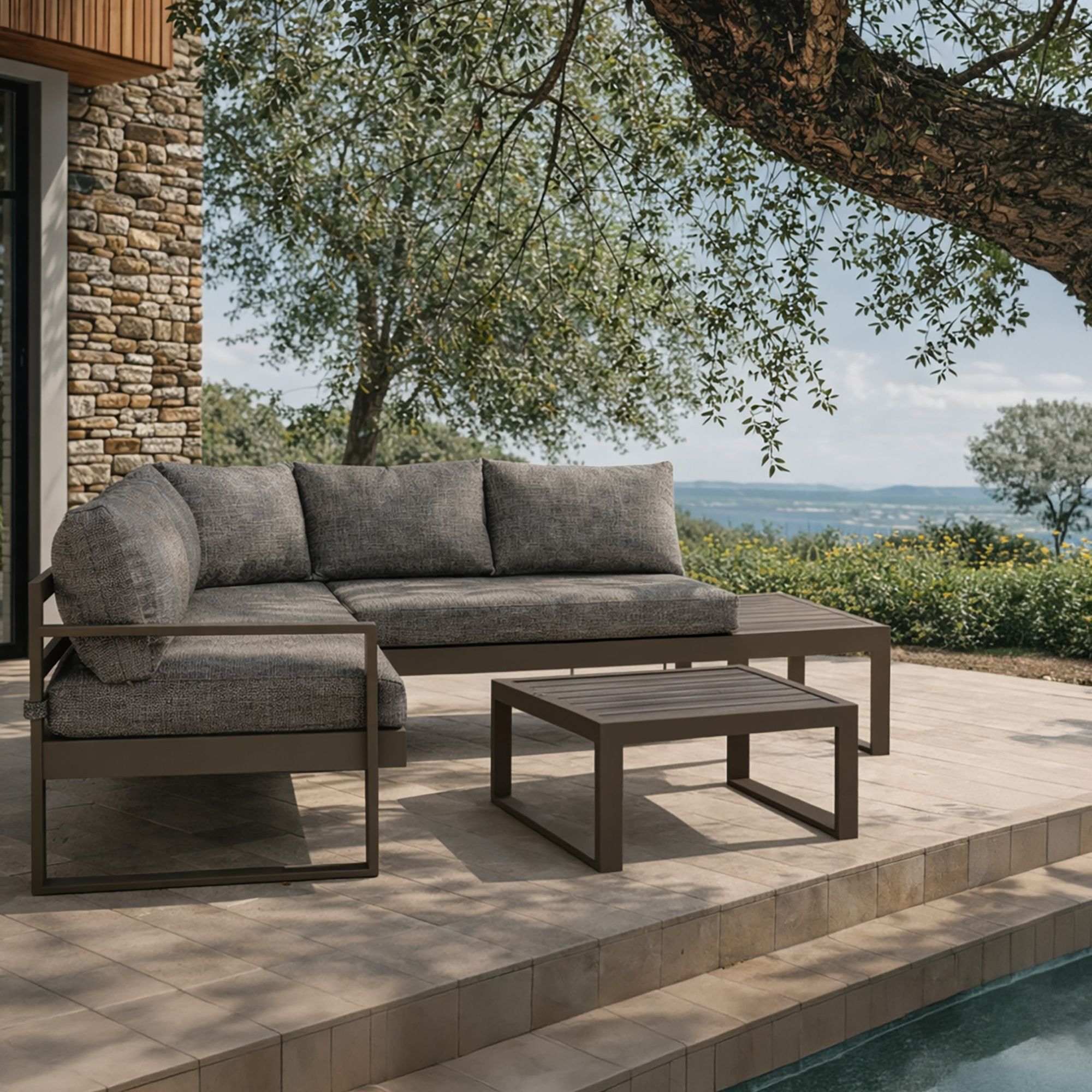 Salon de jardin d'angle 5 places en aluminium et tissu moka PISA