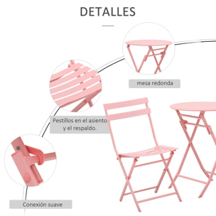 Conjunto de Muebles de Jardín Plegable Juego de 1 Mesa Redonda y 2 Sillas de Terraza con Marco de Acero y Respaldo para Balcón Patio Rosa