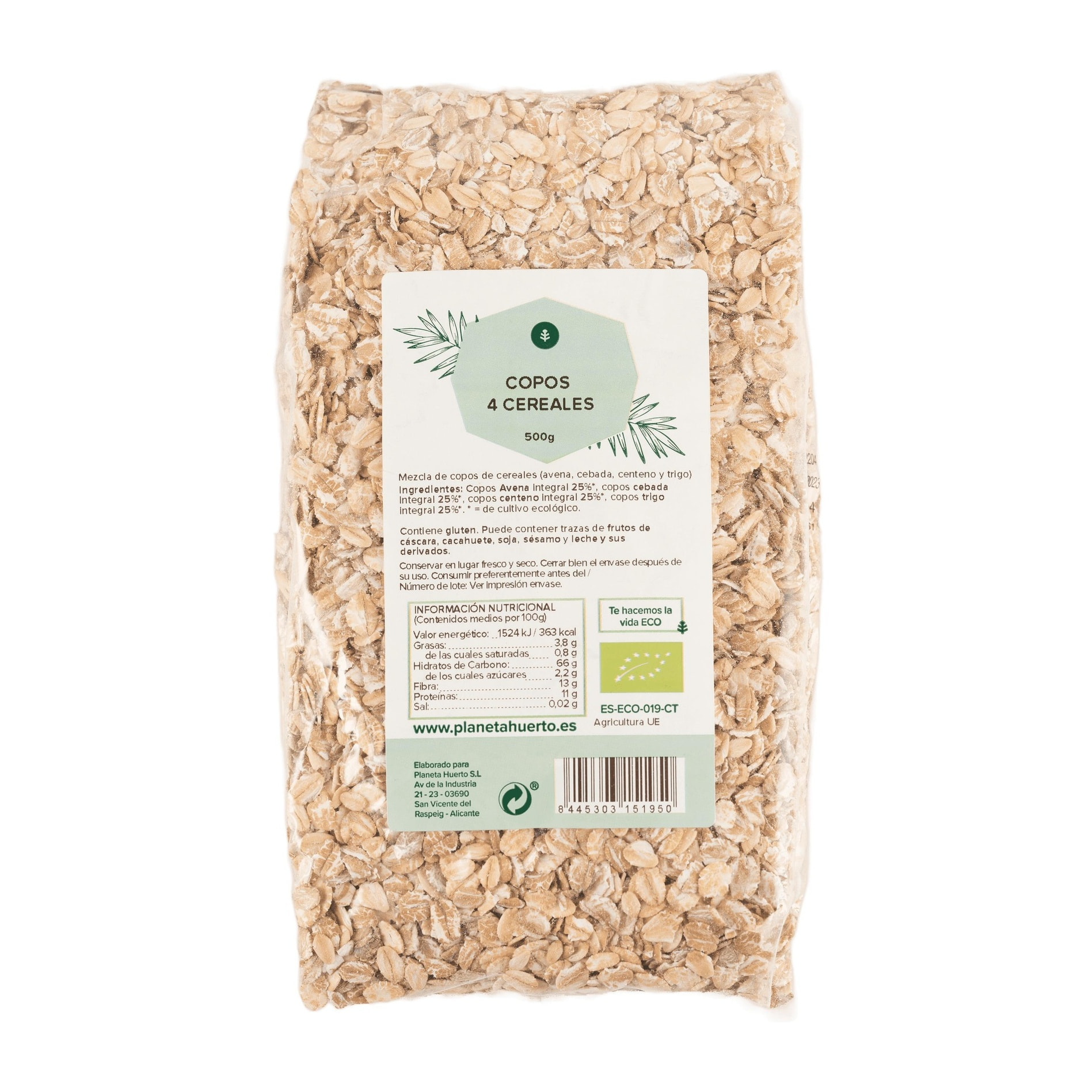 PLANETA HUERTO | Copos de 4 Cereales Ecológicos de  – Energía y Fibra Natural, Sin Ingredientes Modificados Genéticamente, Presentación en Bolsa de 500 g