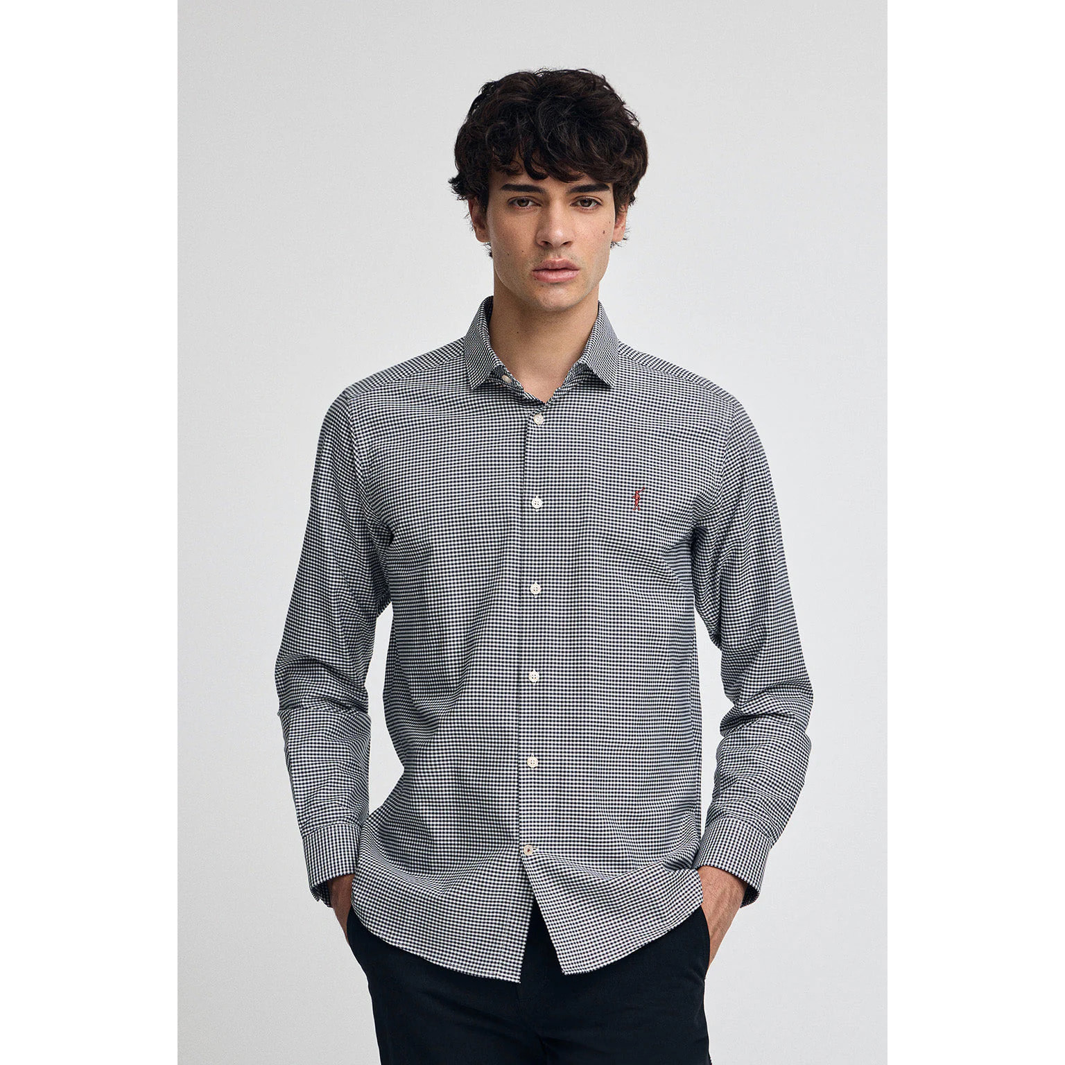 Camisa azul marina de corte slim y cuadros vichy con logo Rigby Go