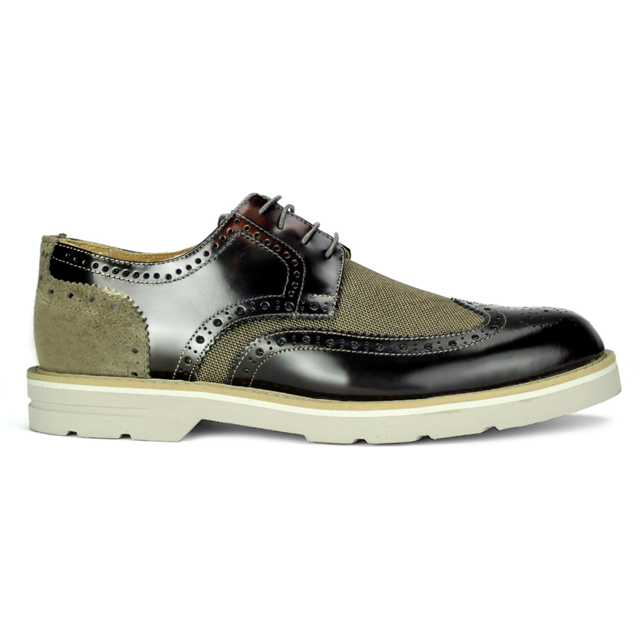 Derby in vera pelle abrasivato con tela/camoscio e suola in micro  taupe