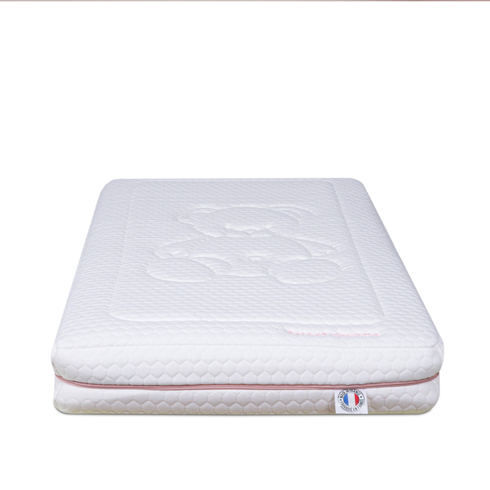 Matelas Enfant Ourson, glissière Rose, 14 cm, Mousse Haute Densité Supersoft, Déhoussable, Soutien Medium, Fabrication Française, CertiPUR Oeko-Tex