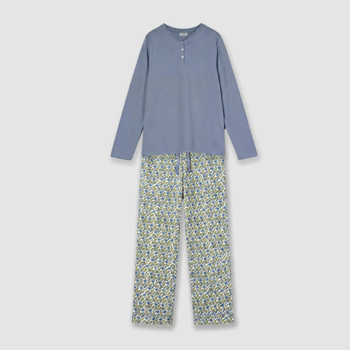 Pijama largo de algodón con escote pico irene azul