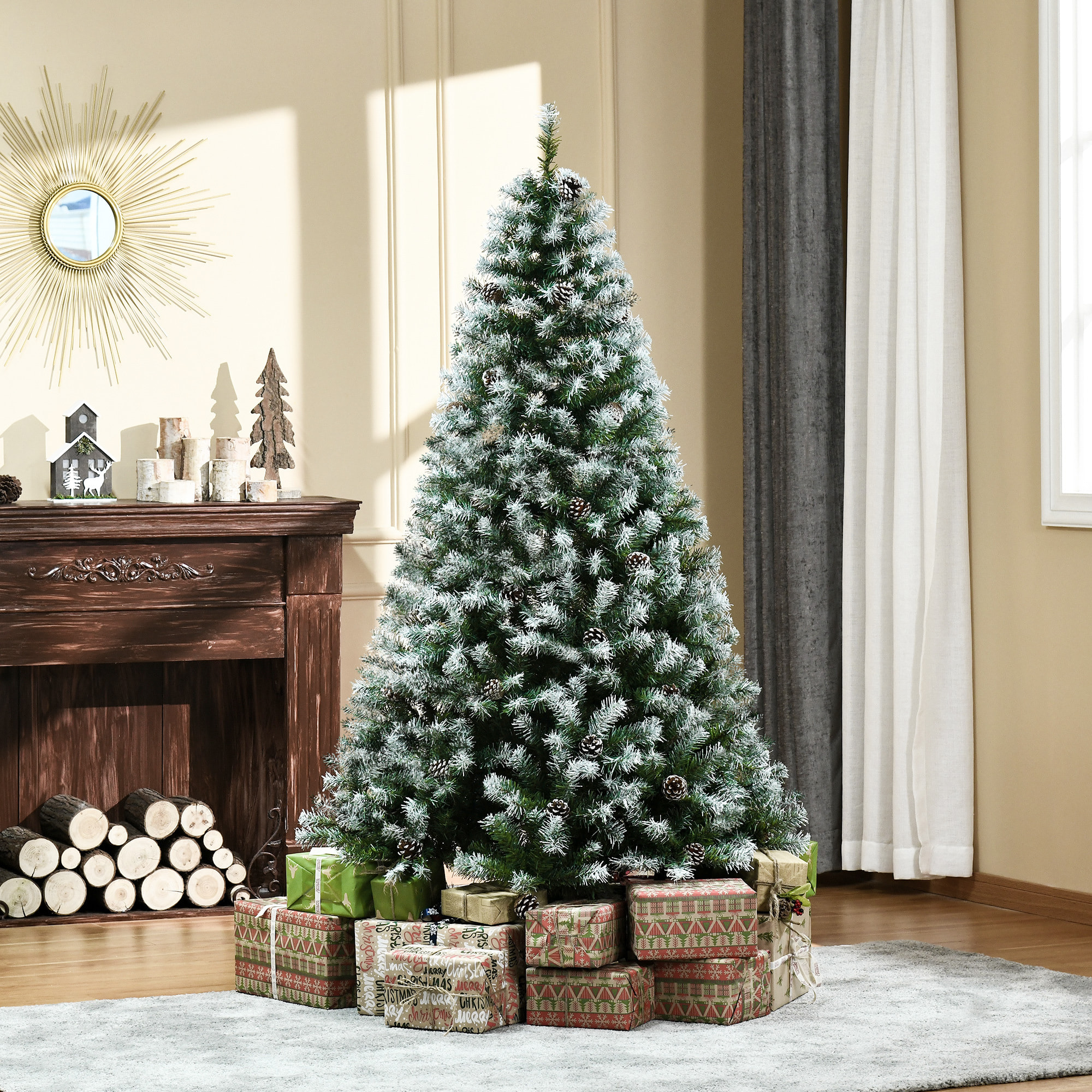 árbol de Navidad Artificial 180 cm con Nieve 800 Ramas 61 Piñas Hojas PVC Verde