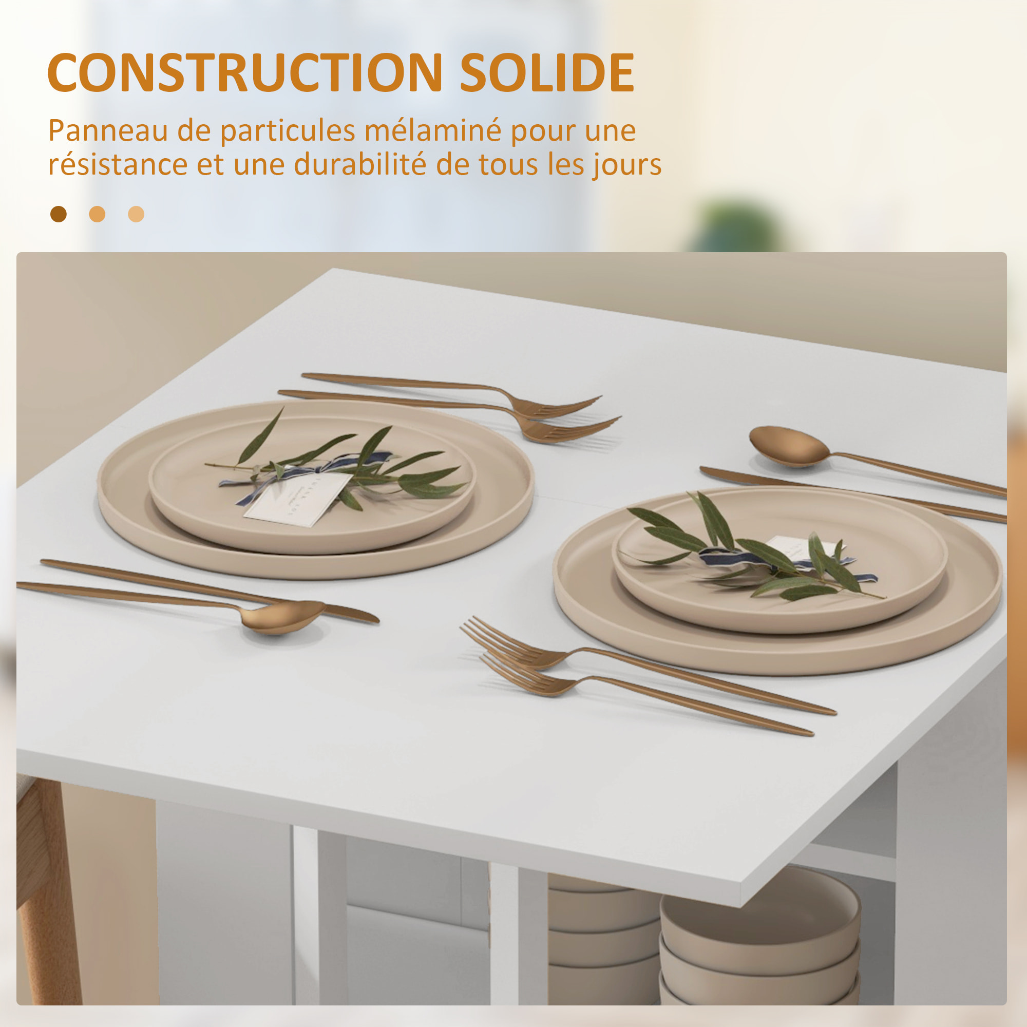 Table à manger pliable - roulettes, 2 abattants, 3 étagères - dim. 120L x 60l x 75H cm - blanc