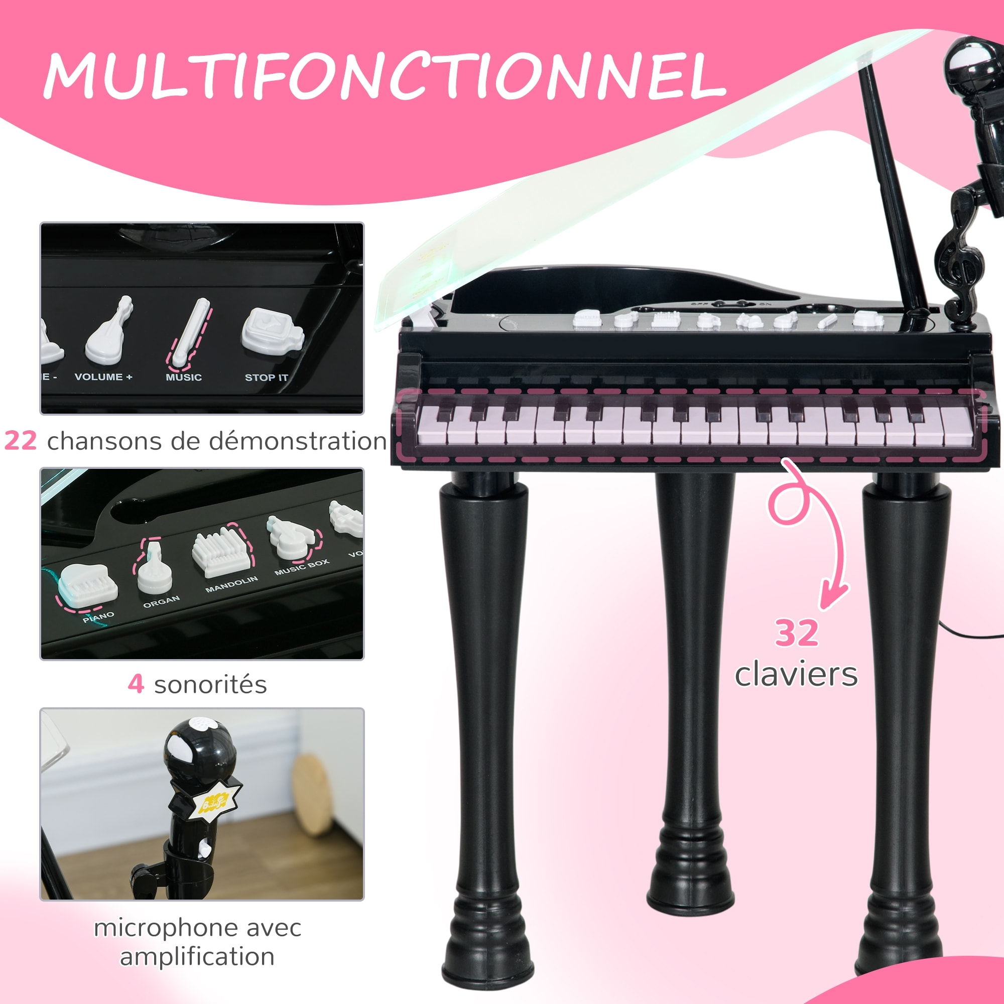 Jouet musical piano électronique - tabouret, micro et support - clavier 37 touches, effet lumineux, nombreux modes - PP noir