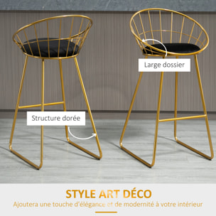 Lot de 2 tabourets de bar design avec repose-pied structure métal et coussin velours 52,5 x 47 x 97 cm noir et doré