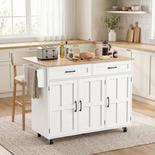 Isla de Cocina con Encimera Extensible, Carro de Cocina con Ruedas, 2 Cajones, 3 Armarios, Estantes en la Puerta, Toallero y Estantes Ajustables, para Comedor, Blanco