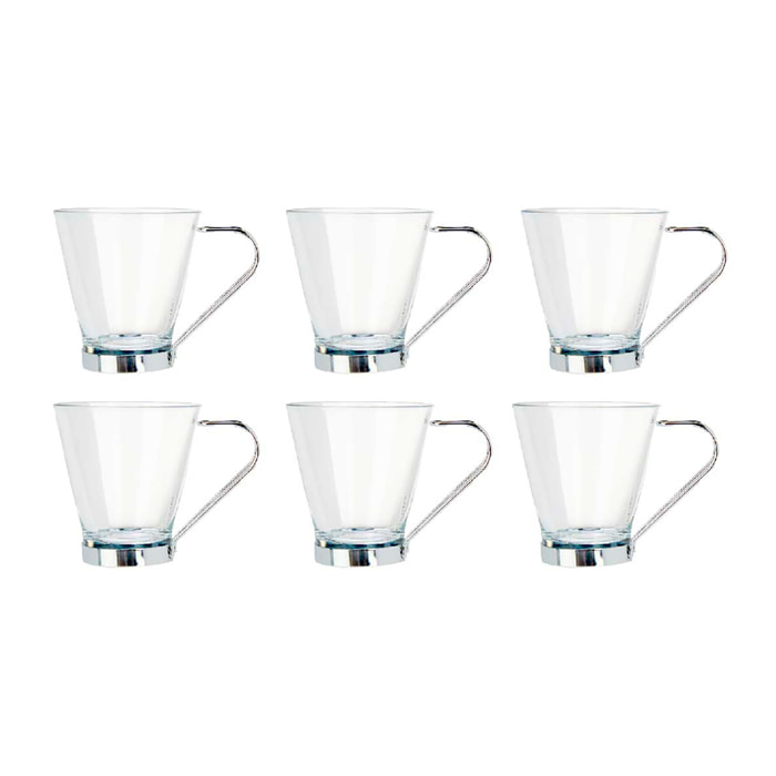 PACK 6 TAZAS VIDRIO CON ASA METAL 85 ML CAFE