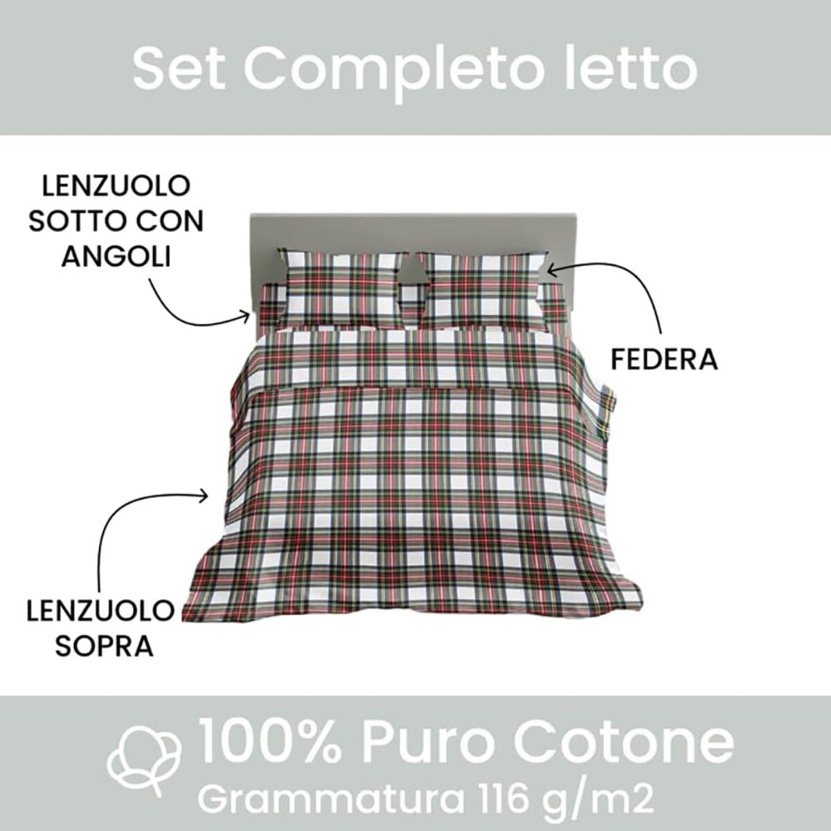 Intrecci - Completo Lenzuola Scozzese, Set Lenzuola e Federe in Puro Cotone, Una Piazza e Mezza