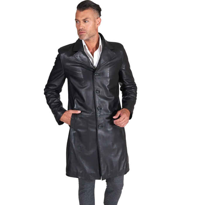 Cappotto in pelle nera lungo stile matrix nappa effetto liscio