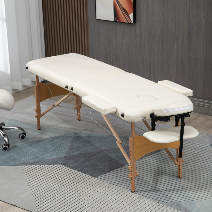 Table de massage pliante lit table de beauté 2 zones portable sac de tranport inclus hauteur réglable dim. 182L x 60l x 61-87H cm bois massif revêtement synthétique crème