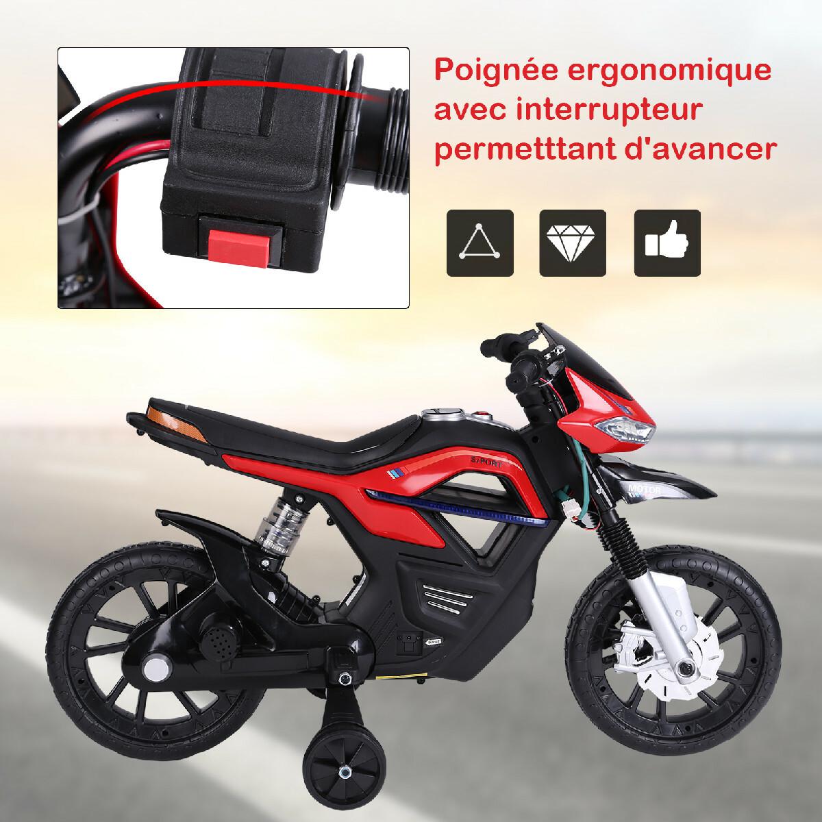 Moto électrique pour enfants 25 W 6 V 3 Km/h effets lumineux et sonores roulettes amovibles rouge