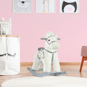 Caballito Balancín con Felpa con Osito de Peluche para Niños 18-36 Meses Caballo Mecedora Sonidos de Relincho y Galope Base de Madera Asiento 35 cm Carga 30 kg 65x26x55 cm Blanco