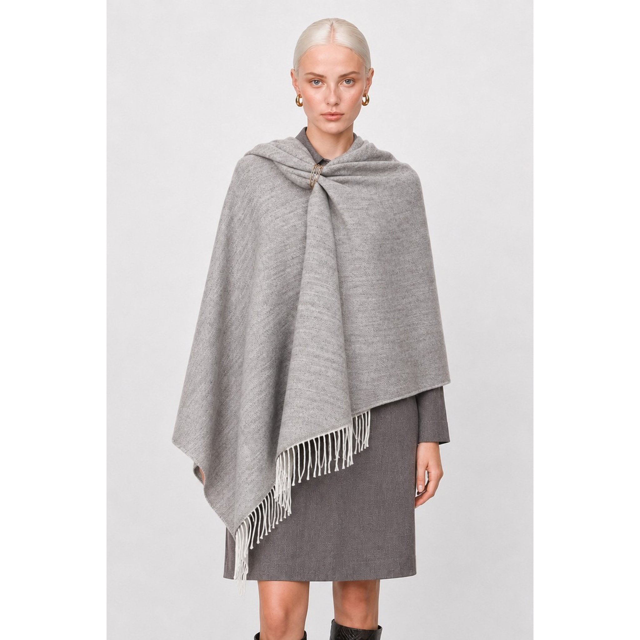 Kocca - Mantella da donna in cotone e lana con spilla e frange Donna