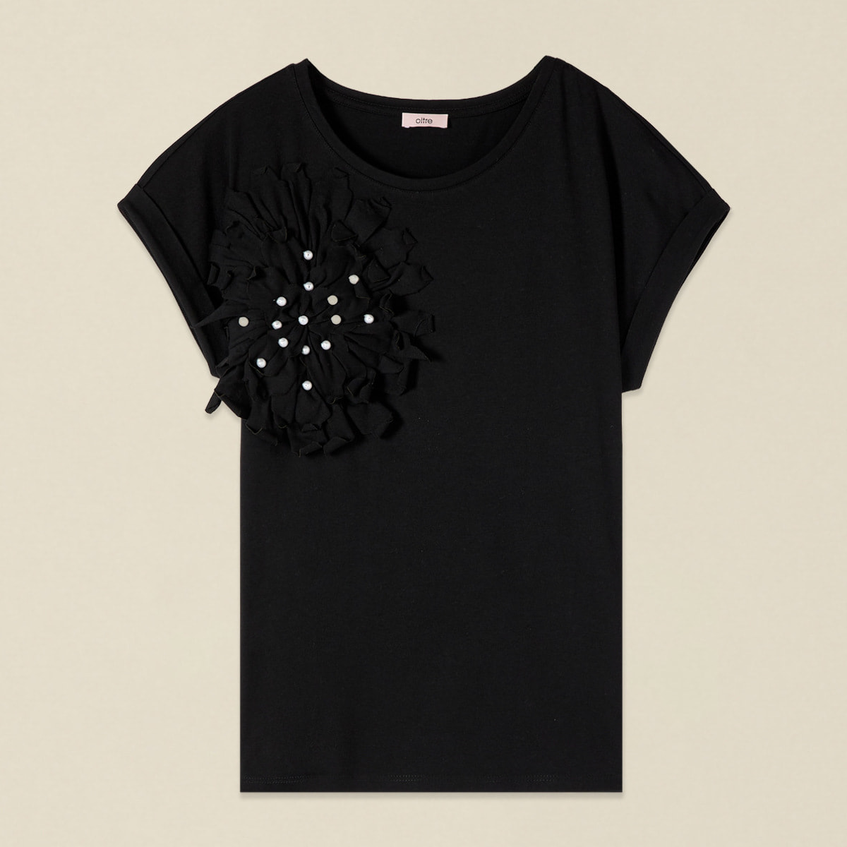 Oltre - T-shirt con applicazione e perle - Nero