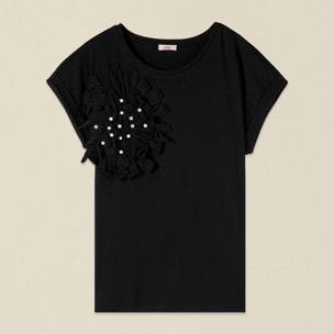 Oltre - T-shirt con applicazione e perle - Nero