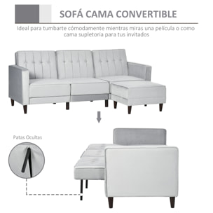 Sofá Cama con Chaise Longue de 3 Plazas Convertible con Reposapiés Movible Respaldo Ajustable y Reposabrazos Tacto Aterciopelado 218x85x86 cm Gris Claro