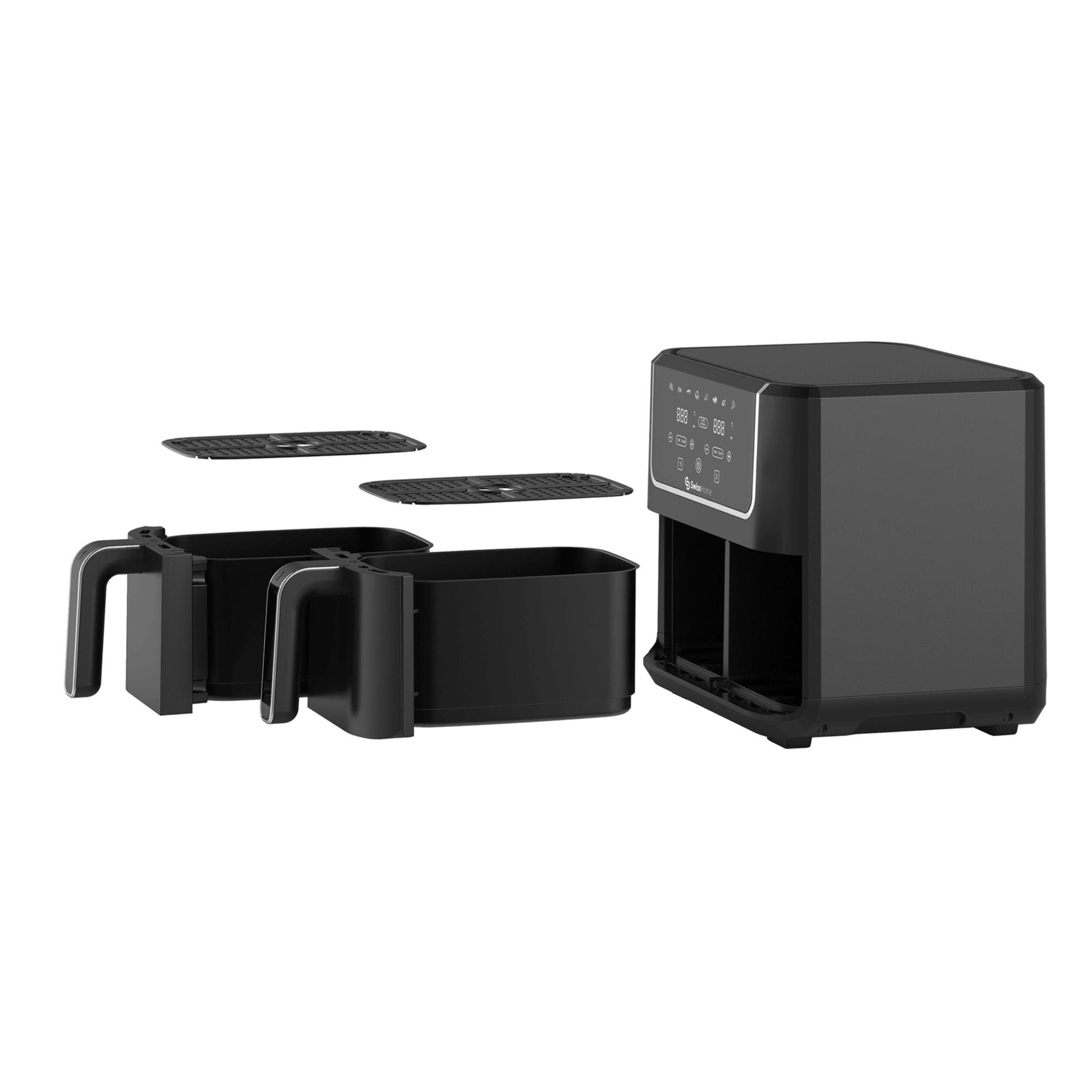 Freidroa de aire de 2100W y 2 Ollas de 3L con 8 Funciones, revestimiento antiadherente y pantalla LED SwissHome