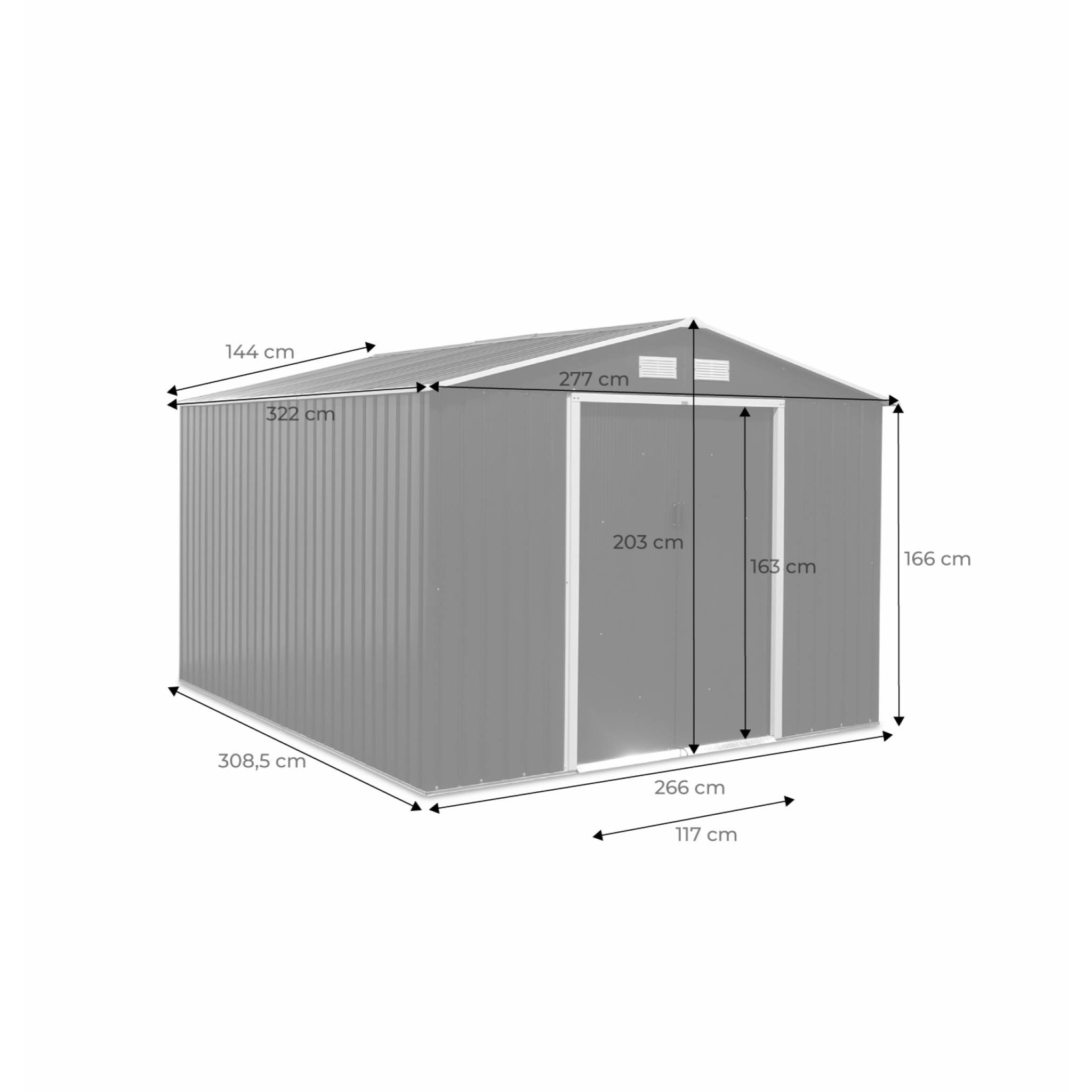 Abri de jardin en métal - FLANDRE 8.84m² gris anthracite - Cabane à outils avec deux grandes portes coulissantes. kit de fixation sol inclus. maison de rangement. remise