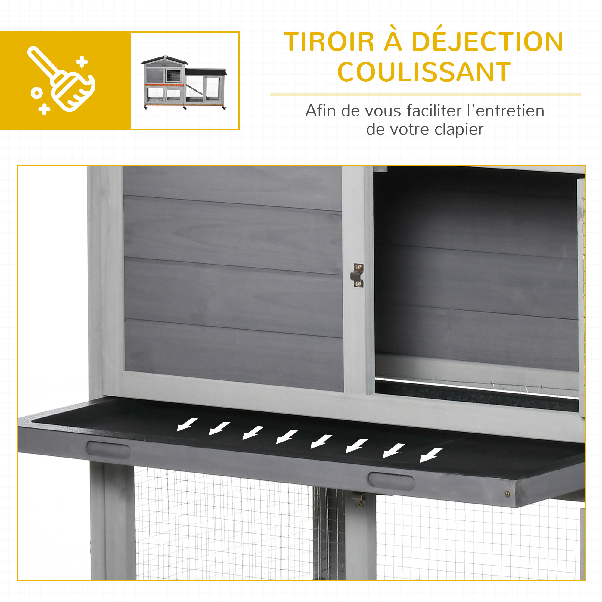 Clapier bois sur roulettes 2 niv. 3 plateaux déjections coulissants sapin gris pré-huilé