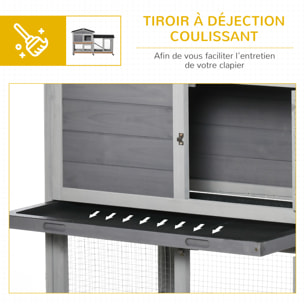 Clapier bois sur roulettes 2 niv. 3 plateaux déjections coulissants sapin gris pré-huilé