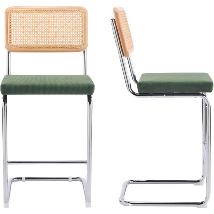 Lot de 2 tabourets de bar en cannage et velours côtelé - MUSE