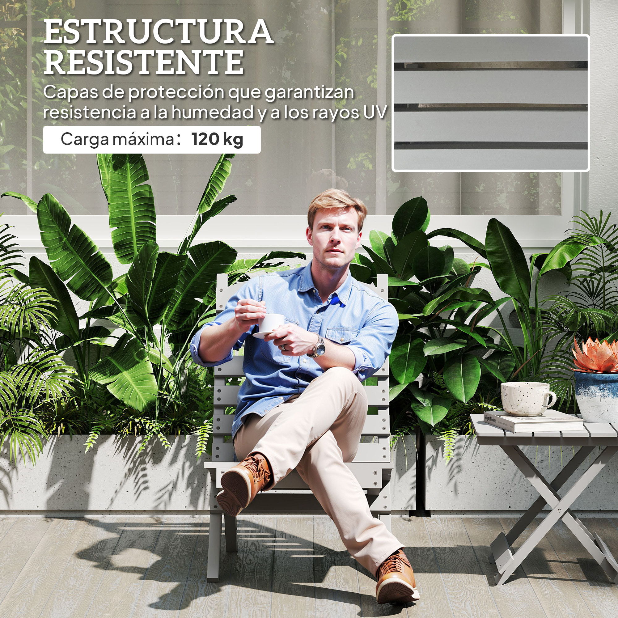 Silla de Jardín de Madera Silla de Exterior con Diseño Listones y Respaldo Inclinado Carga 120 kg para Balcón Patio Terraza 78x48x76 cm Gris