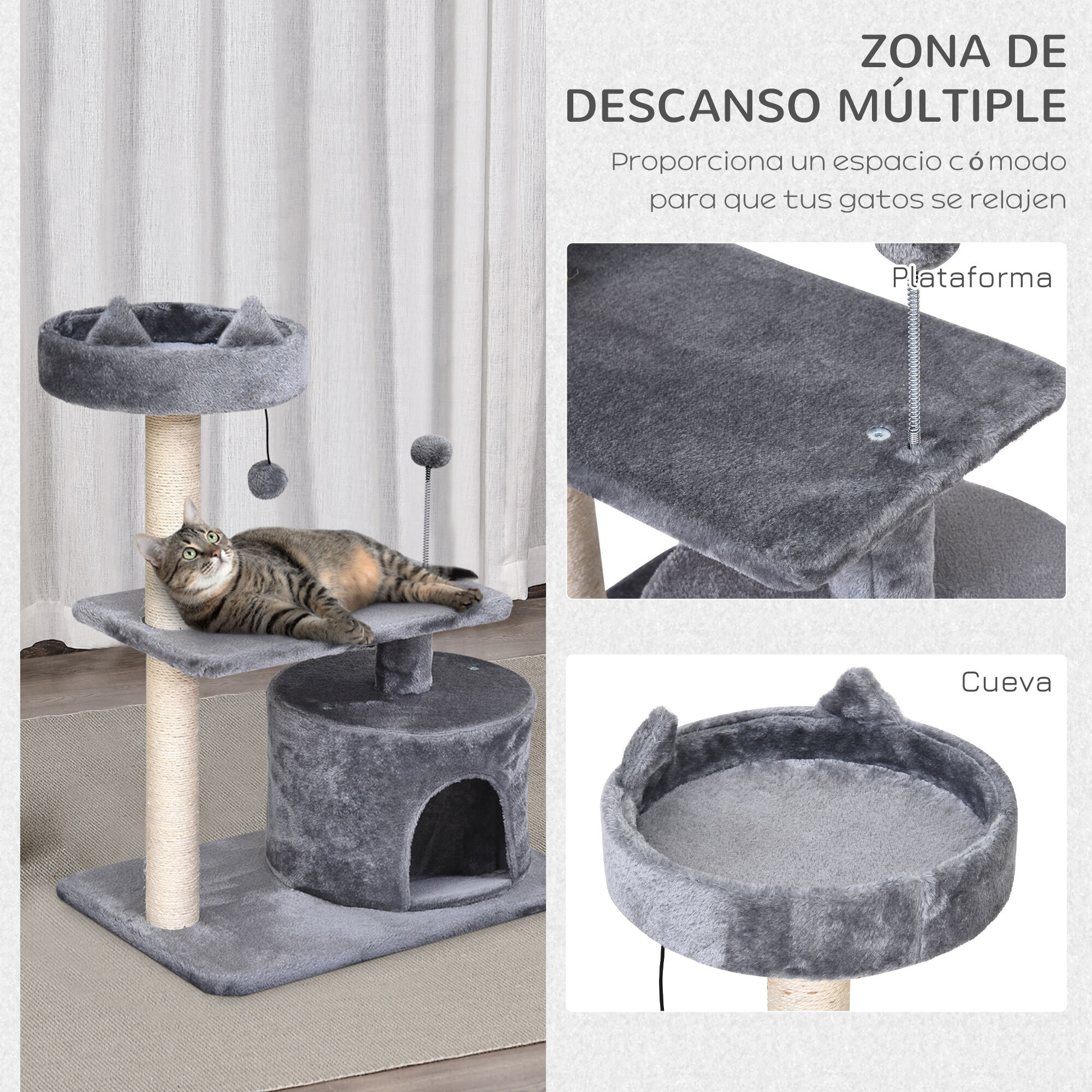 Árbol Rascador para Gatos 81 cm Torre para Gatos Medianos con Cama Plataforma Refugio Poste de Sisal y Bolas de Juguete 60x40x81 cm Gris