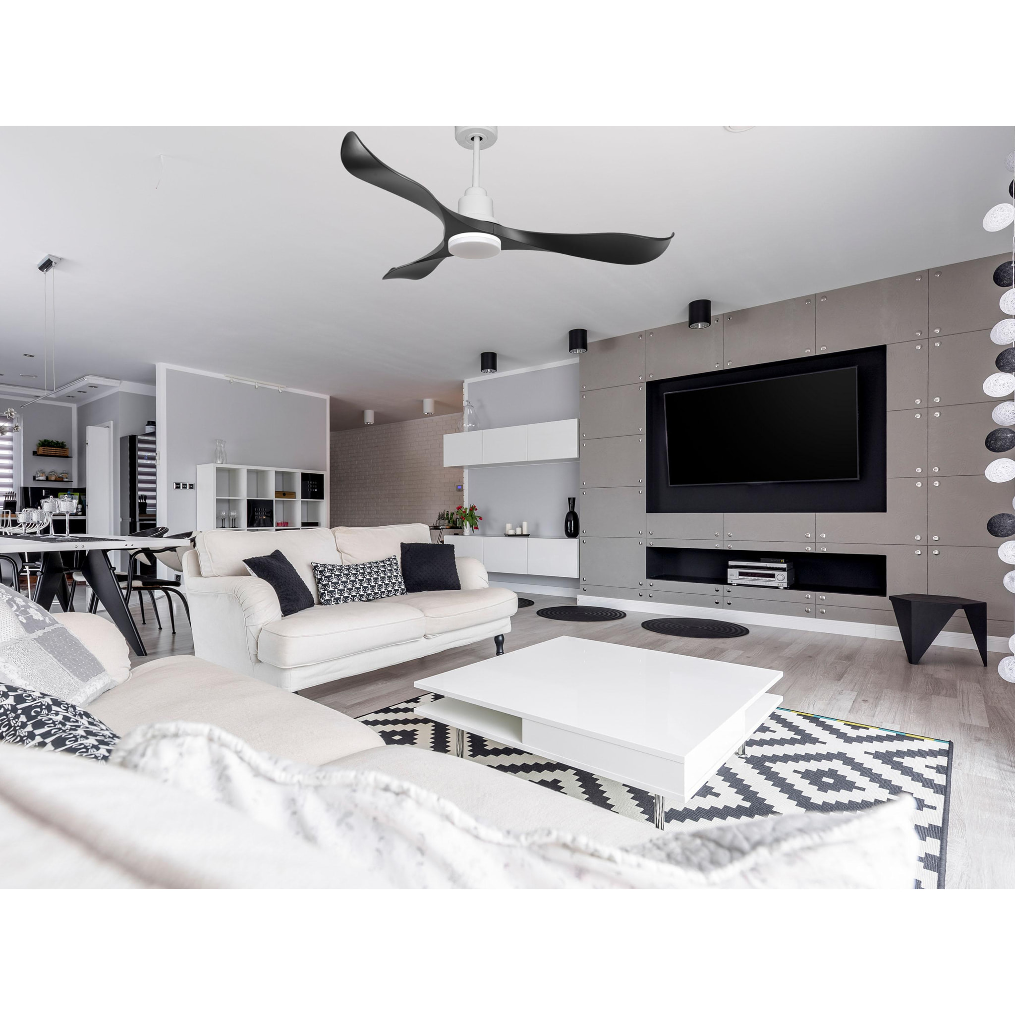 Ventilateur de plafond Réversible  Thermostat Dimmable Wifi Moteur à courant continu Toits en pente Télécommande Lumière à trois tons Adaptateur 2/3 Lames