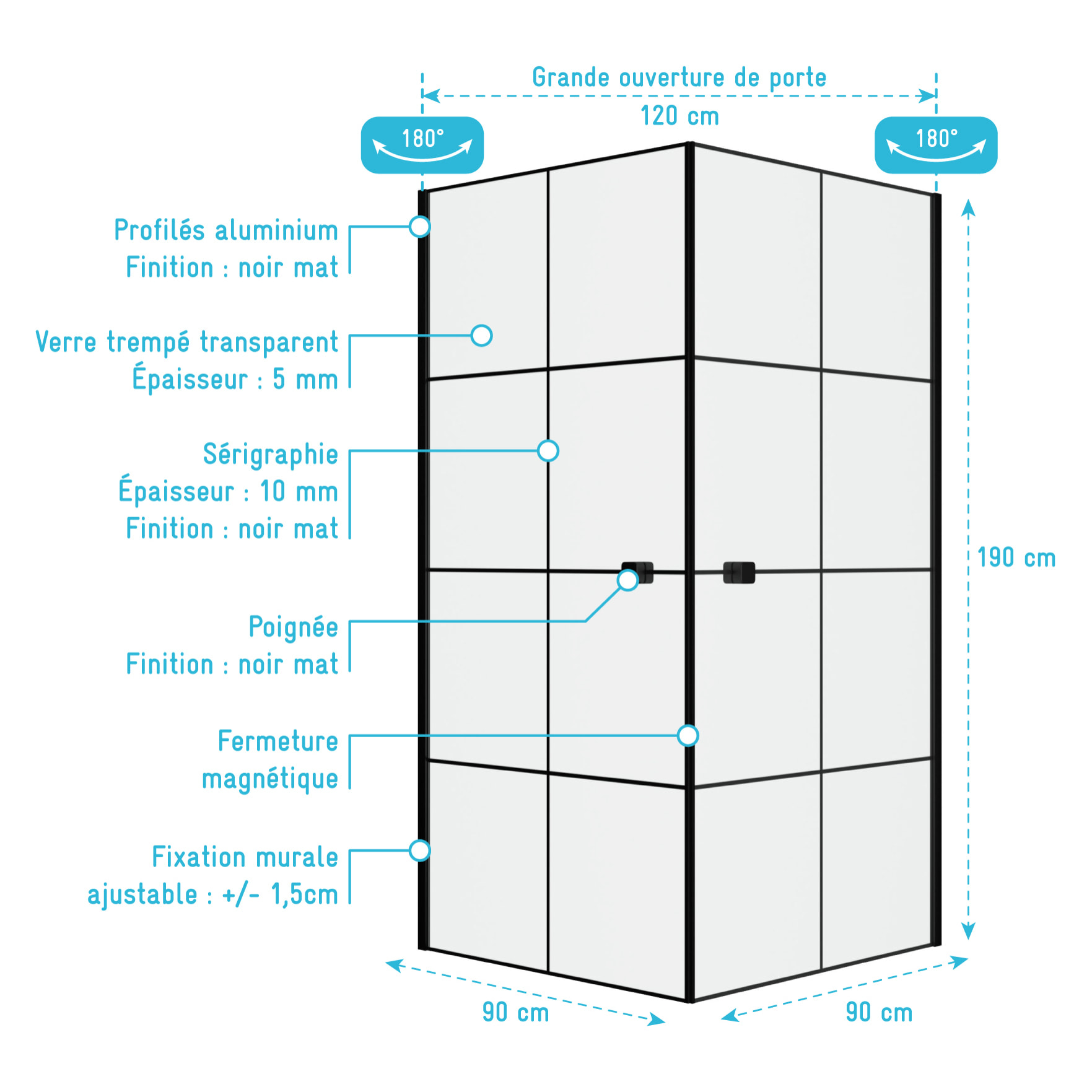Portes de Douche en Angle 90x90x190 cm - Motifs carrés - Profilés Noir Mat - BLACK CUBE
