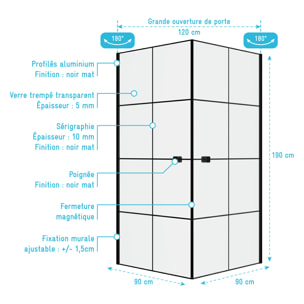 Portes de Douche en Angle 90x90x190 cm - Motifs carrés - Profilés Noir Mat - BLACK CUBE