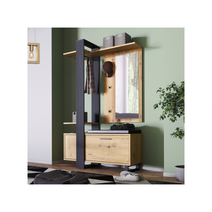 Vestiaire en bois effet chêne avec rangements, miroir et coussin - MARACAS