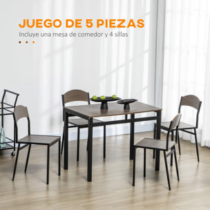 Juego de Mesa y Sillas de Comedor, Mesa de Cocina Rectangular con 4 Sillas, Estilo Moderno, Marco Metálico, para Espacios Pequeños, Salón, Marrón Oscuro y Negro