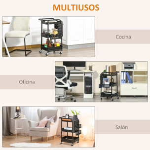 HOMCOM Carrito de Cocina de Acero con Ruedas Carro de Almacenamiento de 3 Niveles 4 Ganchos Asa 2 Cestas Colgantes y Frenos para Baño Salón Dormitorio 51,5x32x75,6 cm Negro