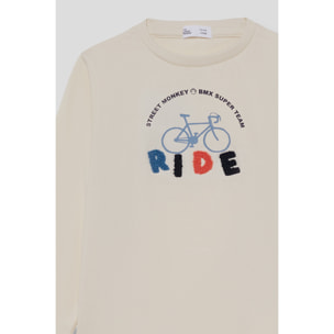 Camiseta niño crudo de manga larga de punto, estampado de bicicleta y texto RIDE, cuello redondo | Color: Crudo | Street Monkey