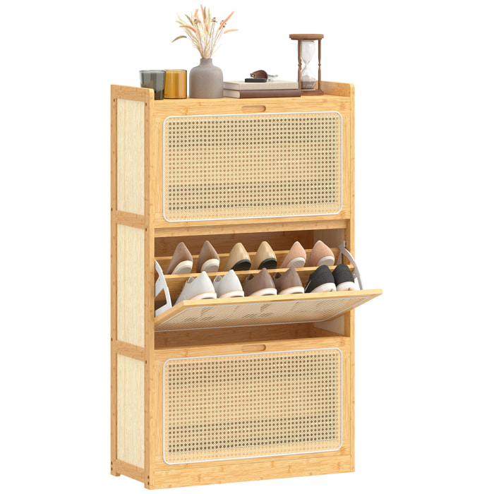 Zapatero Estrecho de Bambú con 3 Cajones Abatibles de Ratán, Mueble Zapatero Bohemio con Estantes Ajustables, para 18-21 Pares de Zapatos, para Pasillos, Entradas, 69x29x119,8 cm, Natural