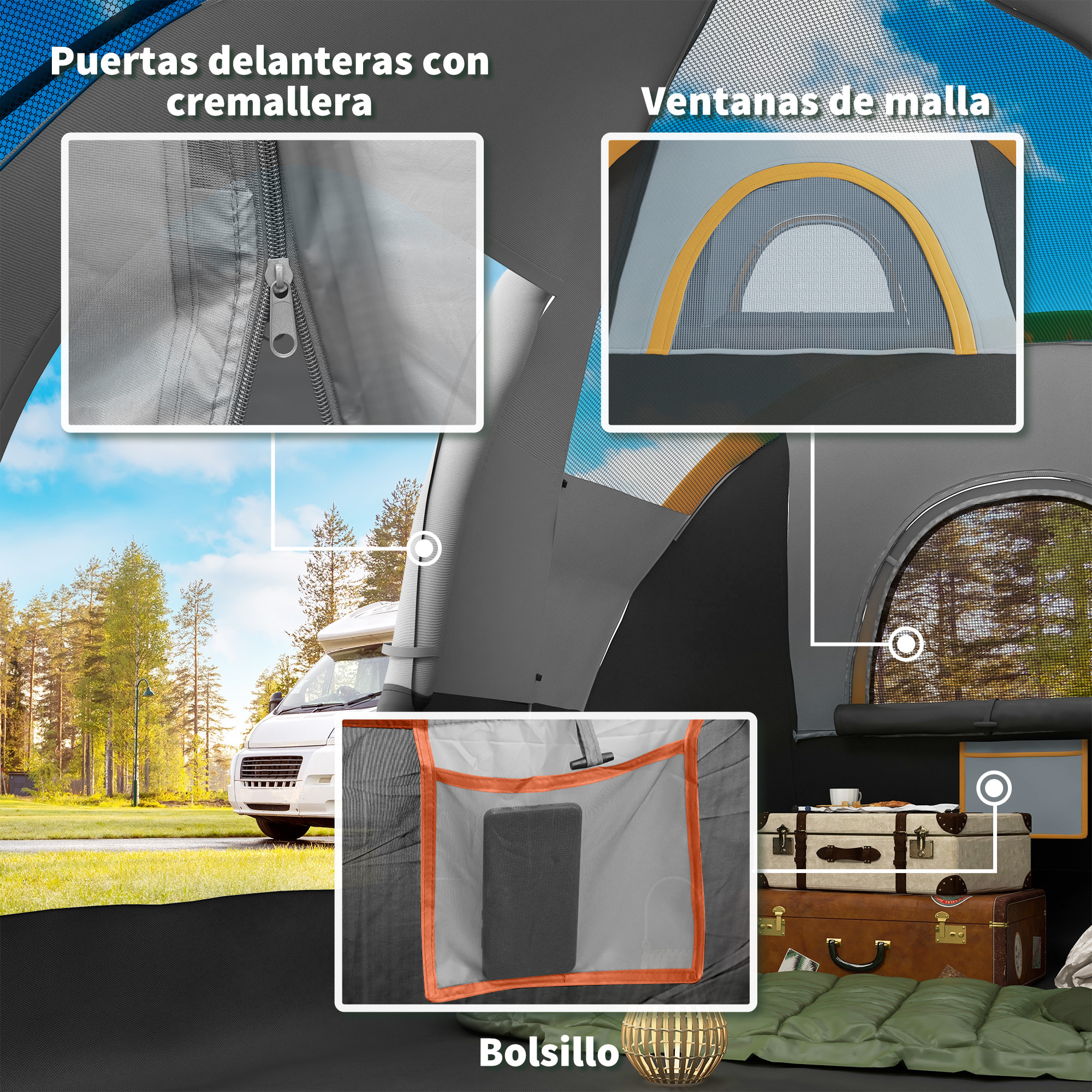 Tienda de Campaña Familiar para 5 Personas Tienda de Acampada de Túnel Impermeable 3000mm+ Tienda de Camping con Bolsa de Transporte y Gancho para Pescar Senderismo 455x220x180 cm Gris