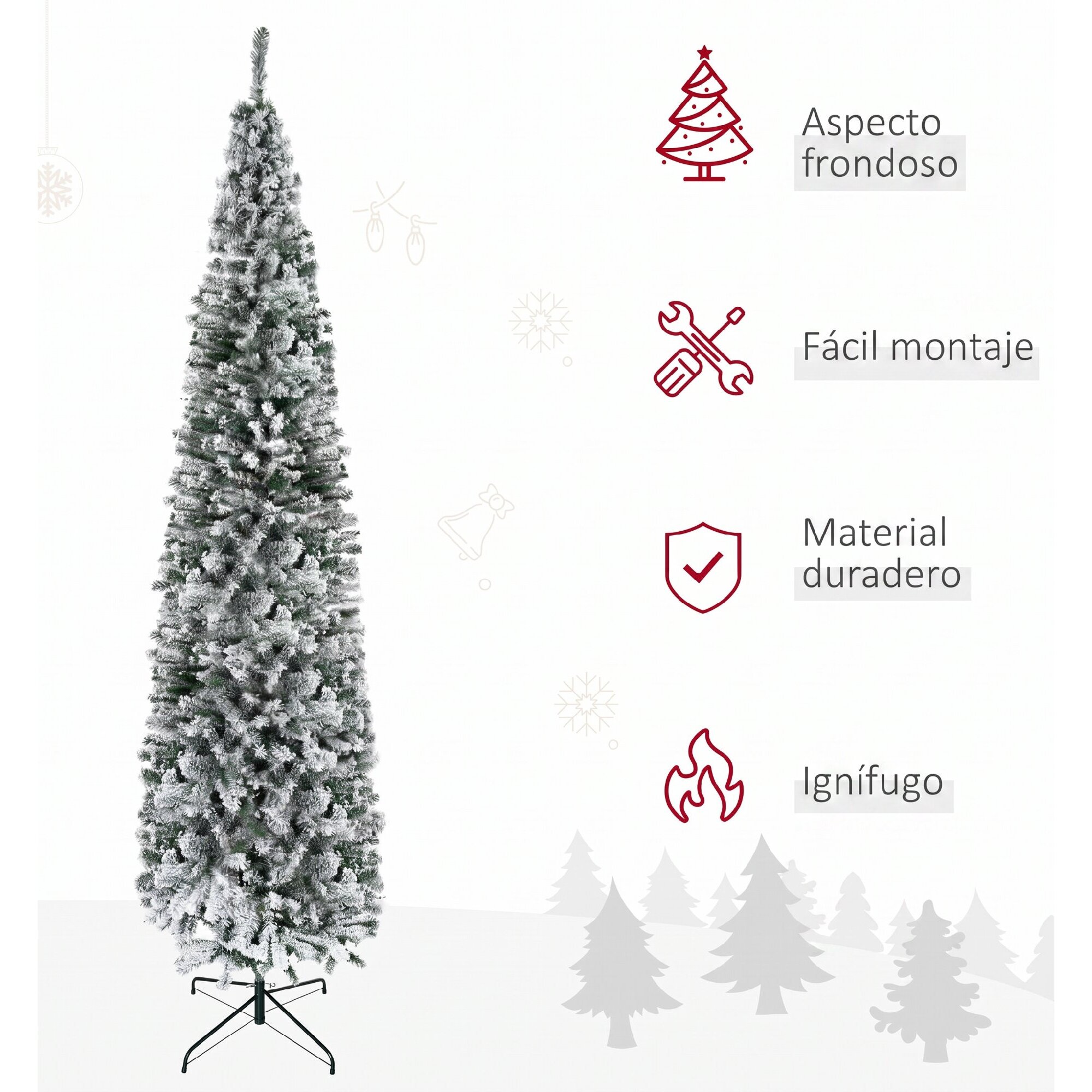 Árbol de Navidad Estrecho 270 cm Árbol de Navidad Artificial Nevado con 1014 Ramas y Soporte de Metal Árbol Navideño para Salón Verde y Blanco