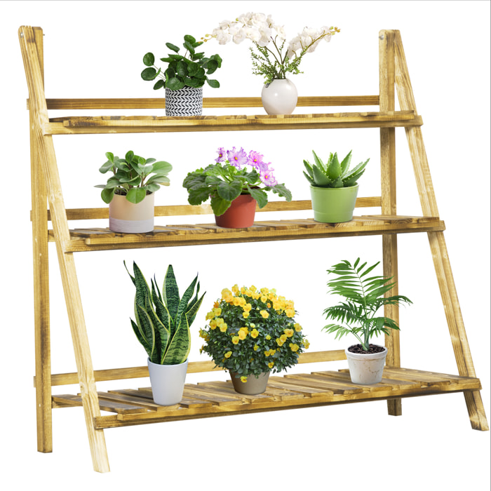Soporte para Plantas de Madera de 3 Niveles, Estantería para Plantas Plegable con Base de Listones, Soporte para Macetas para Interior y Exterior, Terraza, Jardín, 100x37x93 cm, Carbonizado