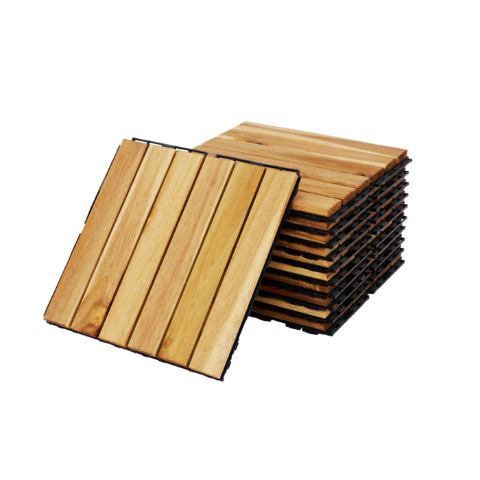 Lot de 36 dalles de terrasses 30x30cm en bois d'acacia. motif linéaire. à lattes. clipsables