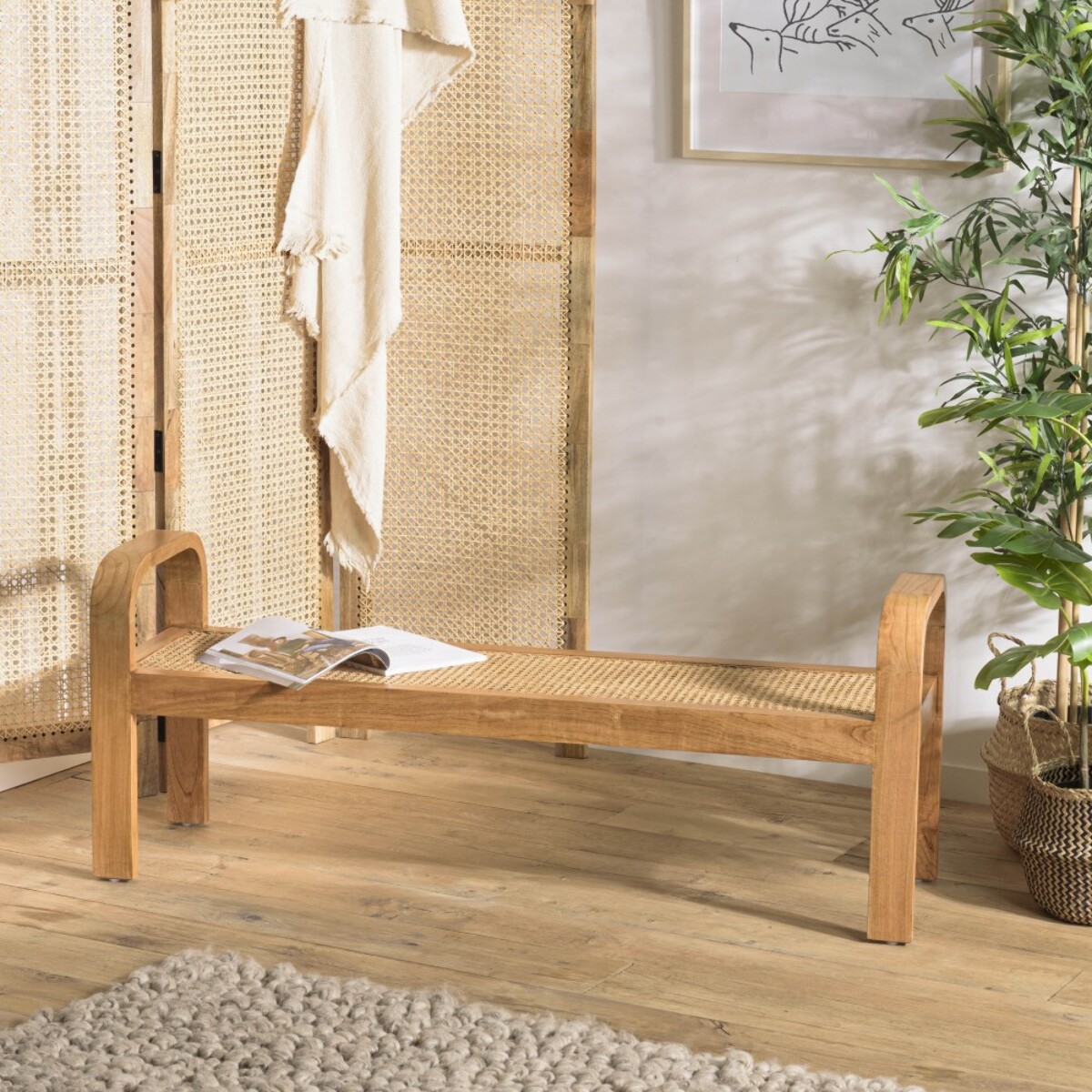 LAUREN - Banc 2 places bois de Mindi et rotin naturel