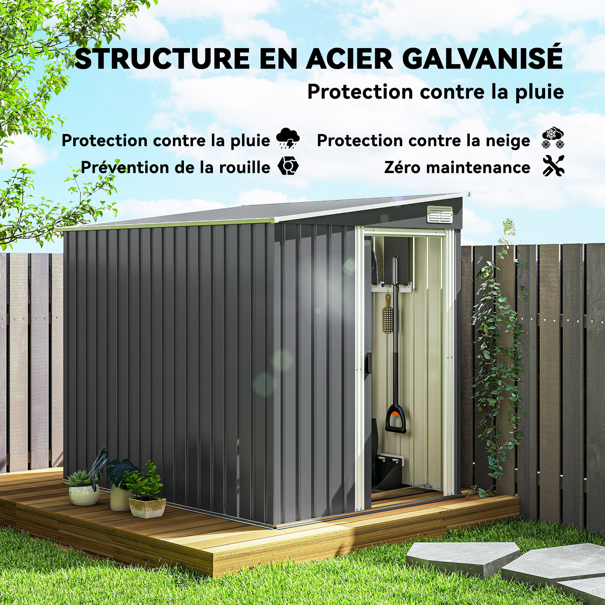 Abri de jardin métal cabanon 2,81 m² dim. 2,06x1,54x1,6/1,81Hm - porte, 2 étagères, 2 crochets, fondation incluse - acier gris
