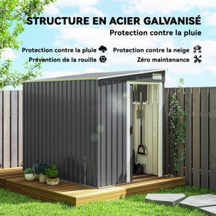 Abri de jardin métal cabanon 2,81 m² dim. 2,06x1,54x1,6/1,81Hm - porte, 2 étagères, 2 crochets, fondation incluse - acier gris