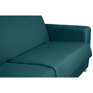 Canapé d'angle convertible réversible avec coffre 4 places en tissu bleu canard et bois clair GRAHAM