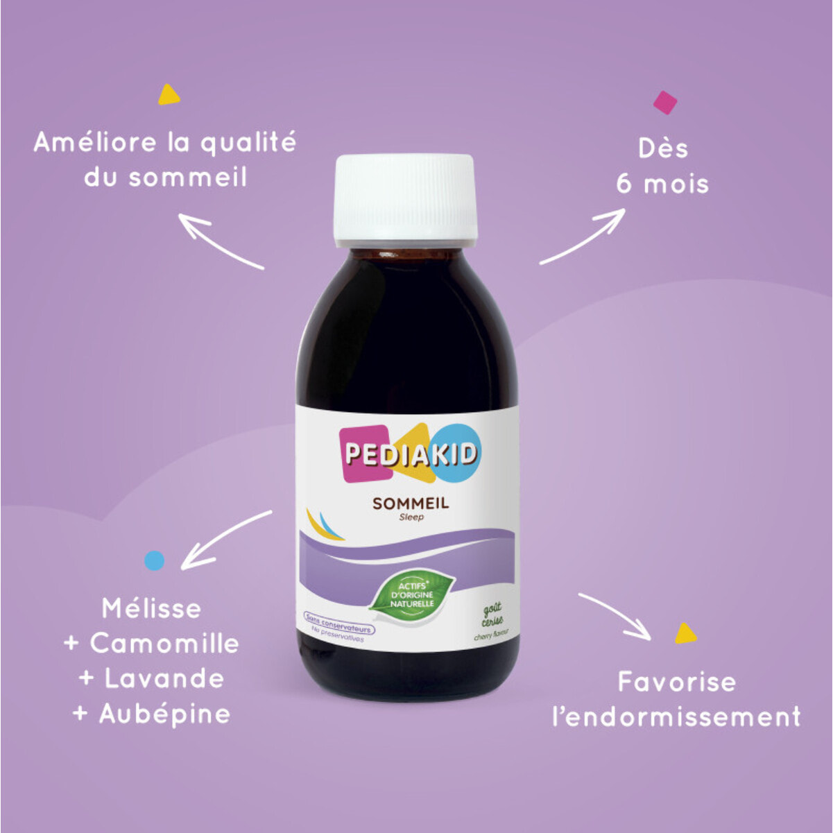 PEDIAKID - Sirop Sommeil - Complément alimentaire favorisant l'endormissement - Réduit les réveils nocturnes - Formule exclusive au Sirop d'Agave Lavande & Marjolaine- Goût Cerise - Dès 4 mois -125 ml