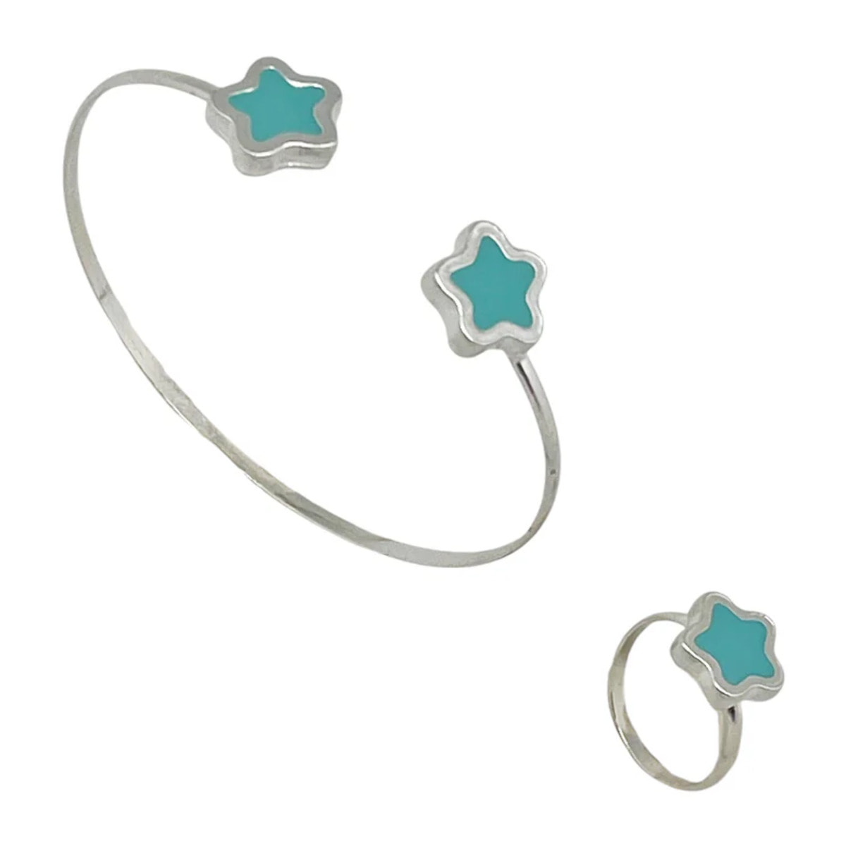 Conjunto Colors Flor Pulsera y anillo plata 10µ Azul celeste