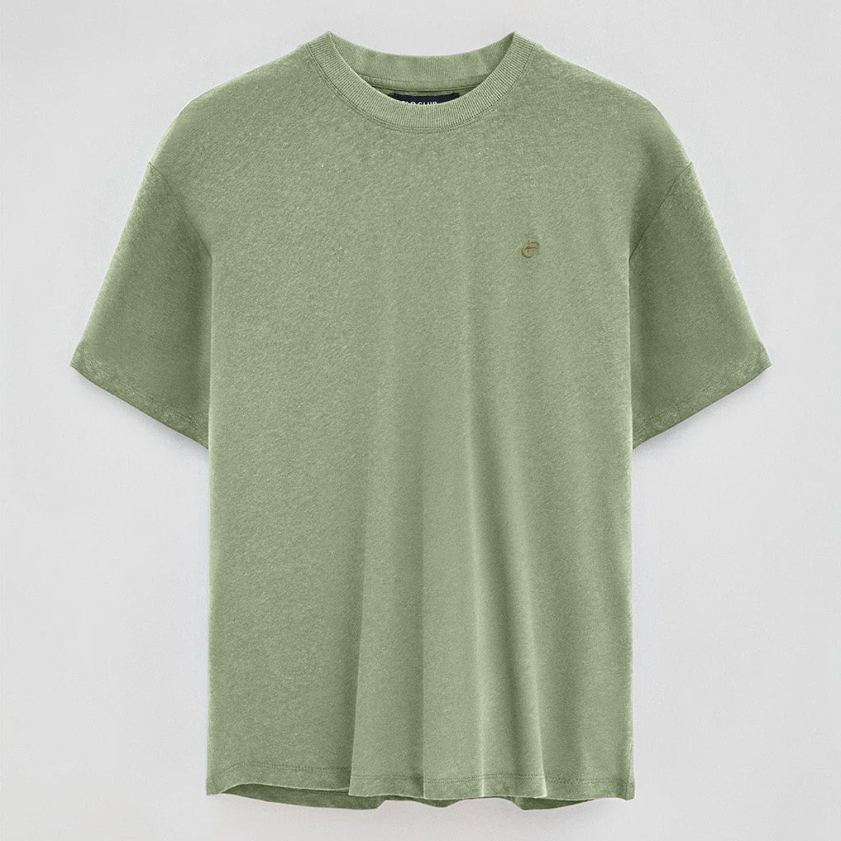 Maglietta verde giada in lino e cotone a girocollo e con monogramma ricamato